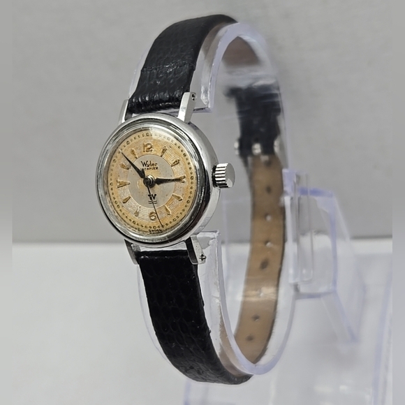 Vintage Womens Wyler Incaflex Swiss Watch Manual Wind Silver Black Leather Runs - Picture 2 of 11